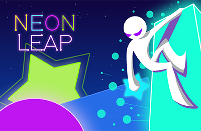 Neon Leap gameplay screenshot showing glowing stickman jumping on neon platforms